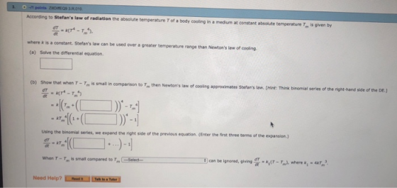 According to Stefans law of radiation the absolute temperature T of a body cooling in a medium at constant absolute temperat