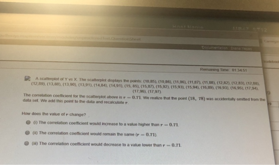 Remaining Time: 0134:51 A scatterpot of Y vs X. The scatterplot displays the points: (10,85), (10,86),.(11,86, (11,87. 1,88),