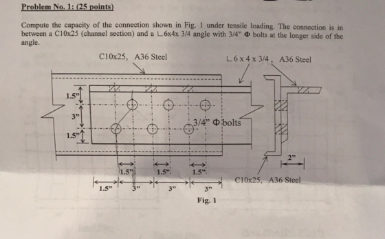 Problem No. 1: (25 points) Compute the capacity of the connection shown in Fig. 1 under tensile loading. The connection is in