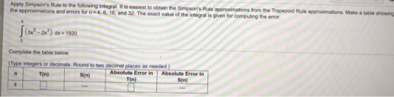 Apply Simpsons Rule to the following integral. It is easiest to obtain the Simpsons Rule approximations from the Trapezoid