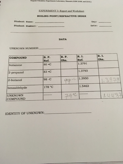 Organic Chemistry Esperimeats Laberalory Masuals (CHM 221et and 2211i EXPERIMENT 3: Report and Worksheet BOILING POINT/REFRAC