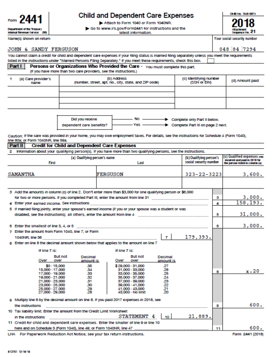 Child and Dependent Care Expenses 2441 2018 Form Attsch to Form 1040 or Form 1040NR. Go to www.irs.gov/Form2441 for instructi