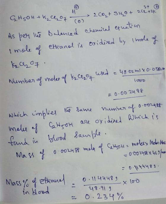 CH5OHK,C,0CO 24L+21 2Co,+ 3H, O + eguatn As per lu blance d ehanu mole ap ethanol s 0idicd by Imele of 1 used 48.02ml X 0 65