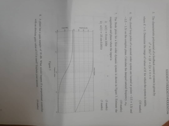 KKKM3473/KKKM3314/KKKM3344 The characteristic polynomial of a feedback control system is given by 5. where K>0. Determine the