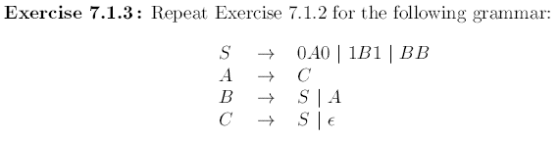 Exercise 7.1.3: Repeat Exercise 7.1.2 for the following grammar: S040 1B1 BB