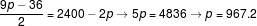 9p-36 = 2400-2p → 5p-4836 → p-967.2