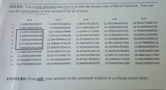 GIVEN: Use a loop structure and fzero to find the boxed roots of Bessel function. You can use the initial guess of zero aroun