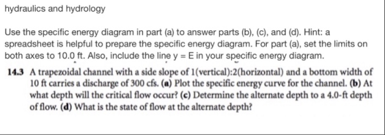 hydraulics and hydrology Use the specific energy diagram in part (a) to answer parts (b), (c), and (d). Hint: a spreadsheet i