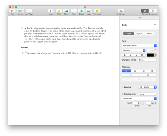 7 #2 125 % . View Add Page Zoom Insert Table Chart Text Shape Media Comment Collaborate Format Document Text Body 2) A T-shir