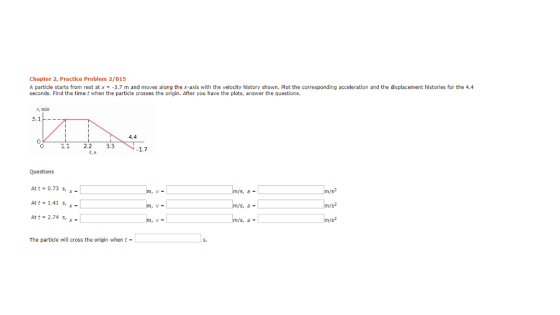 Chapter 2, Practice Problem 2/015 A particle starts from rest at x = -3.7 m and moves along the x-axis with the velocity hist