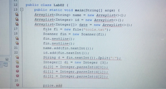 12 public class Lab02 ( 13E public static void main (String [] args) Arraylist<String> name Arraylist<Integer> id Arraylist<I