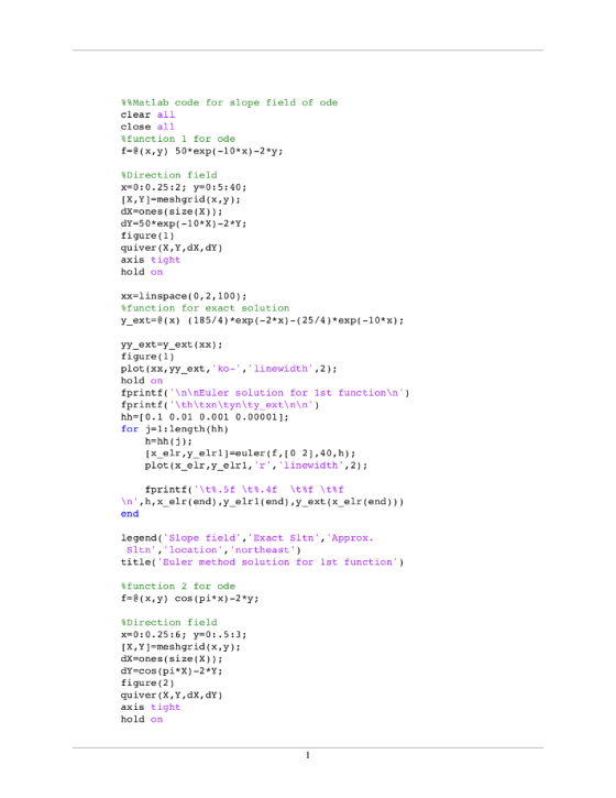 Matlab code for slope field of ode clear all close all %function 1 for ode f-e (x,y) 50*exp(-10*x)-2*y; Direction field 0:5:4