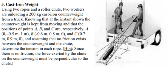 3. Cast-Iron Weight Using two ropes and a roller chute, two workers unloading a 200 kg cast-iron counterweight from a truck.
