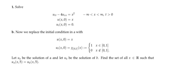 1. Solve Utt - 4lxx- u(x,0)-ar m(x,0) = 0. b. Now we replace the initial condition in a with u(x,0)-x 1 x e [o,1 0,1 Let ua b