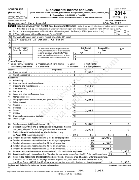 Supplemental Income and Loss (From rental real estate, royalties, partnerships, S corporations, estates, trusts, REMICs, etc.