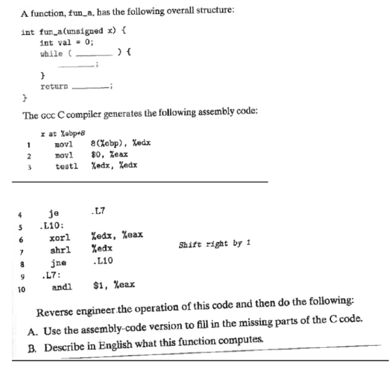 A function, fun_a, has the following overall structure: int fun_a(unsigned x) I int val 0 while retura Th e Gcc Ccompiler gen
