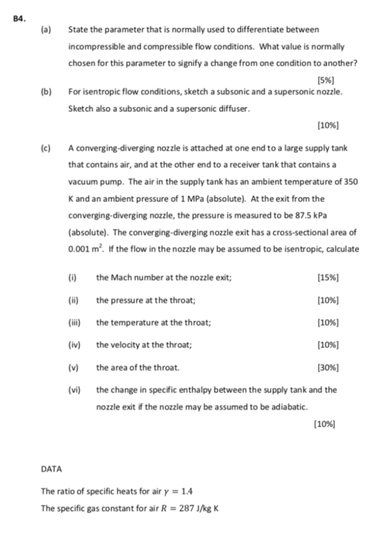 B4 (a) Ste the parameter that is normally used to differentiate between incompressible and compressible flow conditions. What