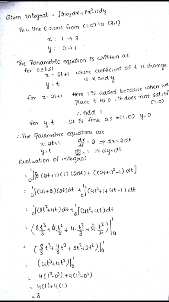 faxya+ ndy Given tntegsal The line C rcins from CI,07 t0 (311) d 3 The Parametrfc equation s ur?tten as for osts where eceffi