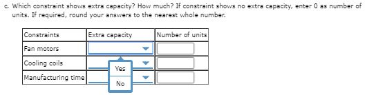 c. Which constraint shows extra capacity? How much? If constraint shows no extra capacity, enter 0 as number of units. If req