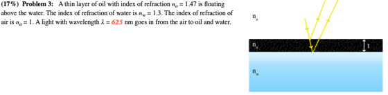 (17 %) Problem 3: A thin layer of oil with index of refraction no-l .47 is floating above the water. The index of refraction