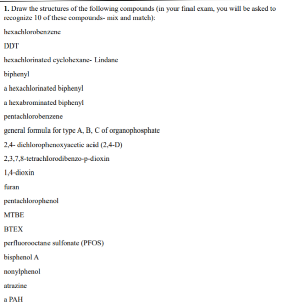 1. Draw the structures of the following compounds (in your final exam, you will be asked to recognize 10 of these compounds-