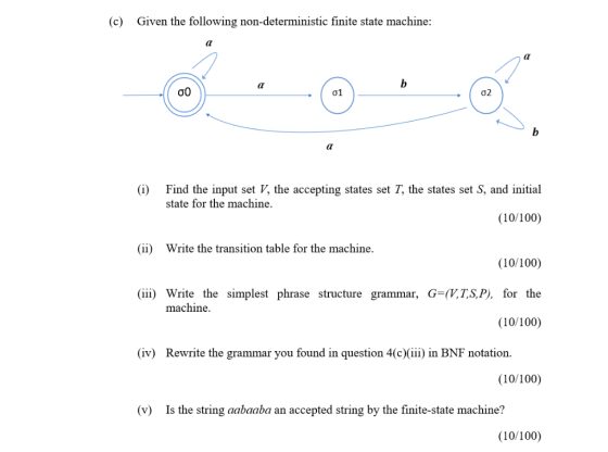 Given the following non-deterministic finite state machine: (c) a σ0 o1 σ2 b Find the input set V, the accepting states set T