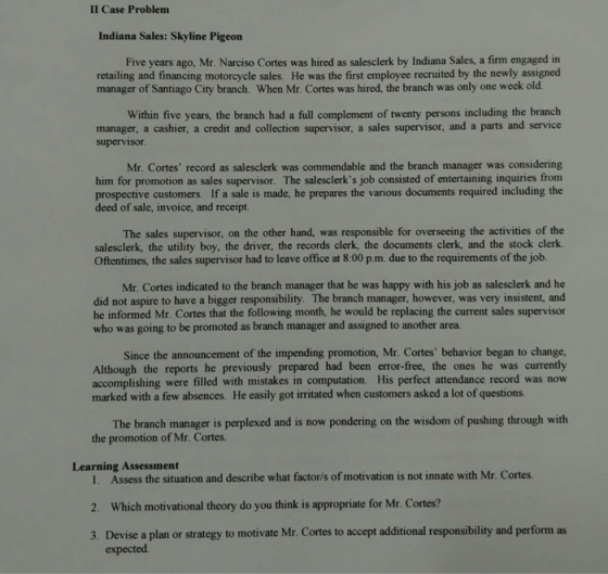 II Case Problem Indiana Sales: Skyline Pigeon Five years ago, Mr. Narciso Cortes was hired as salesclerk by Indiana Sales, a