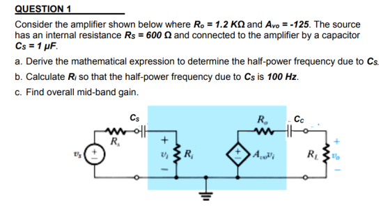 QUESTION 1 Consider the amplifier shown below where Ro-1.2 KΩ and Avo-_125. The source has an internal resistance Rs-600 Ω an