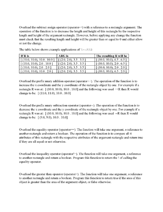 Overload the subtract assign operator (operator with a reference to a rectangle argument. The operation of the function is to