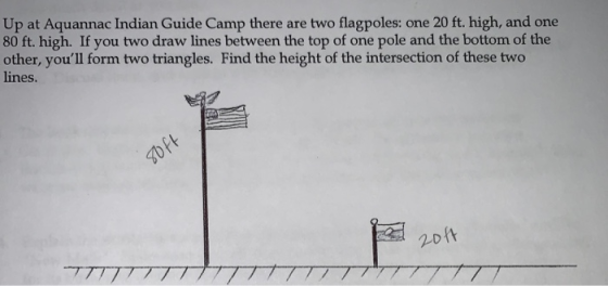 Up at Aquannac Indian Guide Camp there are two flagpoles: one 20 ft. high, and one 80 ft. high. If you two draw lines between