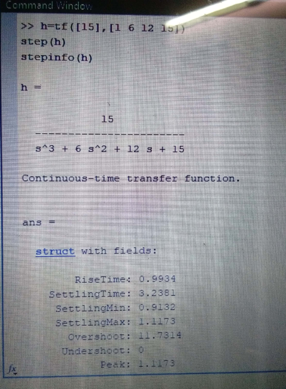 Command Windo > h-tE (115], [1 6 12 1aj) step (h) stepinfo(h) h = 15 s-3 + 6 32 + 12.3.4 15 Continuous-time transfer funecti