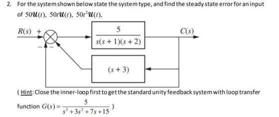 For the system shown below state the system type, and find the steady state error for an input of 50u(), 50rl(t), 5012U(t) 2.