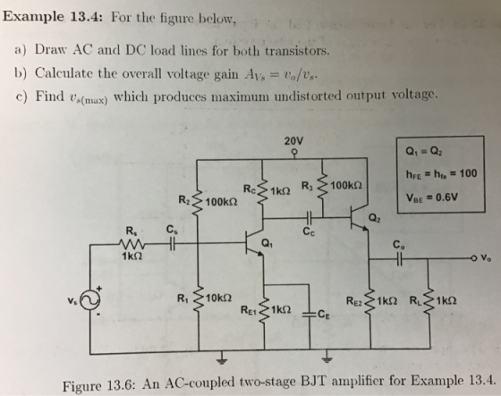 Example 13.4: For the figure below, a) Draw AC and DC load lines for both transistors. b) Calculate the overall voltage gain