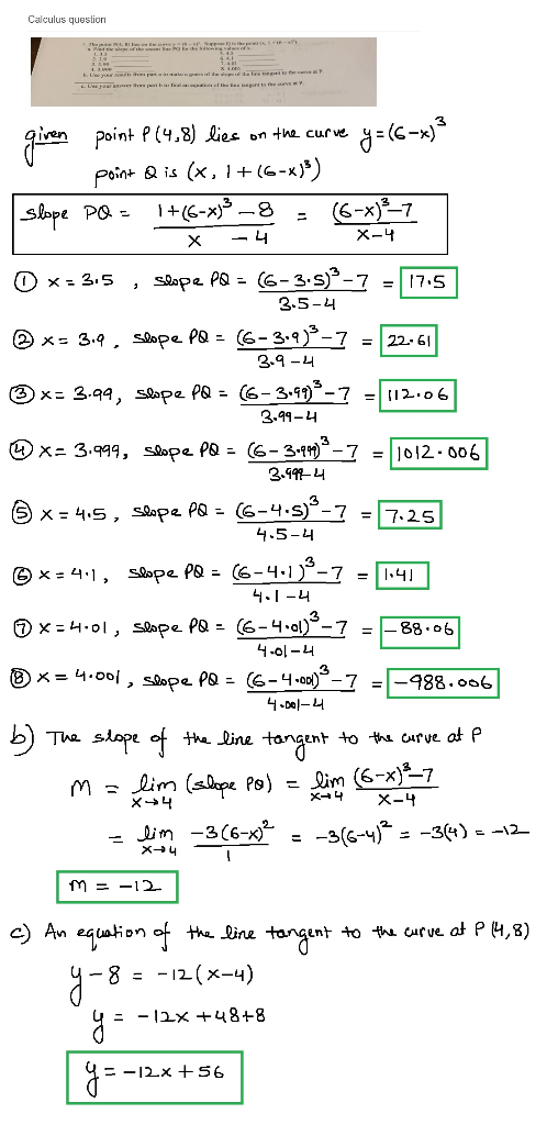 Calculus question i point P(4.8] liee n +a cute H-(c->) X-나 2.5-ㄐ 3.9-ㄐ 2.994 4.5- 3 The slope of +he Lin« tangent to tha cur