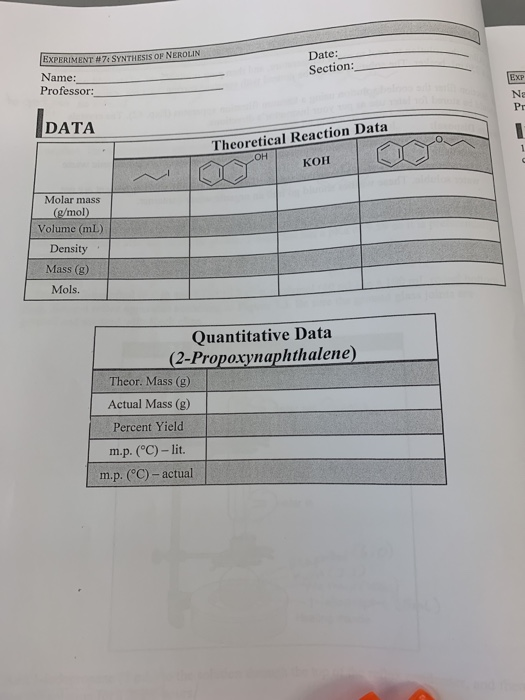 EXPERIMENT #7c SYNTHESISs OF NEROLIN Date: Section: Name Professor EXP Ne IDATA Pr Theoretical Reaction Data OH КОН Molar mas