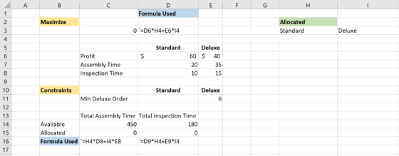 A D E G 1 Formula Used Allocated Maximize 0 D6*H4+E6*14 Standard Deluxe 4 Standard Deluxe S 60 $ Profit 40 20 35 7 Assembly T