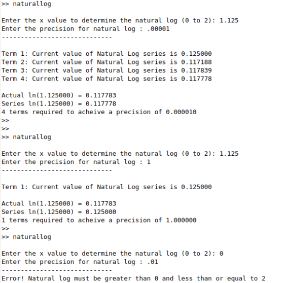 naturallog Enter the x value to determine the natural log (θ to 2): 1.125 Enter the precision for natural log : .θ8801 Term 1