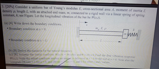 3. 2090] Consider a uniform bar of Youngs modulus E, cross-sectional area A, moment of inertia density p, length L, with an