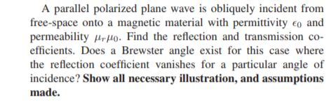 A parallel polarized plane wave is obliquely incident from free-space onto a magnetic material with permittivity eo and perme