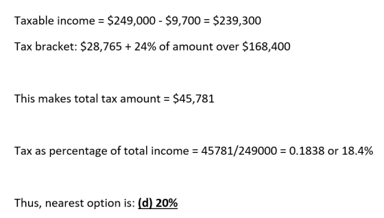 Taxable income $249,000 $9,700 $239,300 Tax bracket: $28,765 24% of amount over $168,400 This makes total tax amournt = $45,7