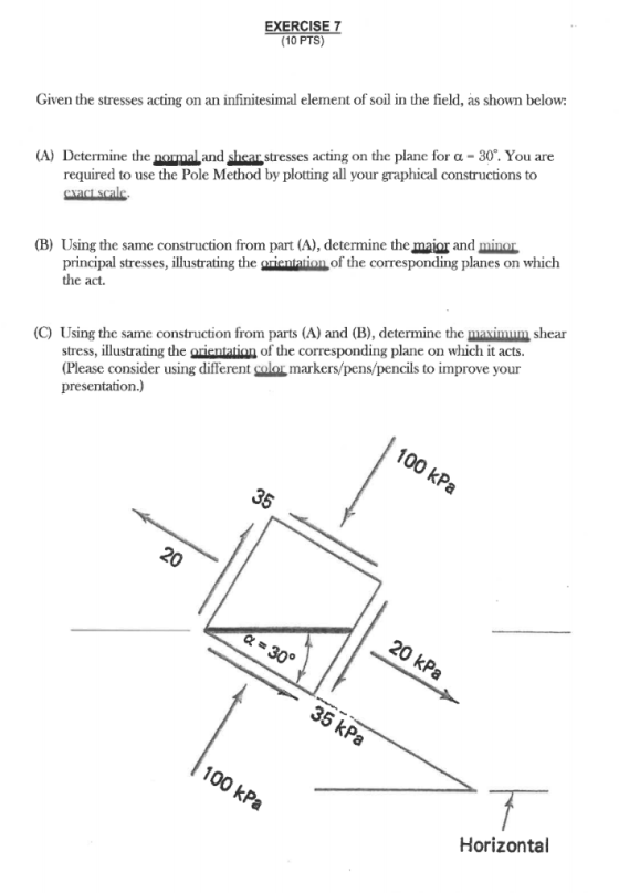 EXERCISE 7 (10 PTS) (A) Determine the normal and shear stresses acting on the plane for a - 30°. You are required to use the