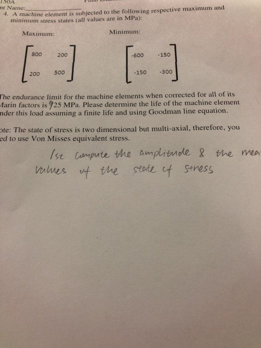150A 4. A machine element is subjected to the following respective maximum and minimum stress states (all values are in MPa):