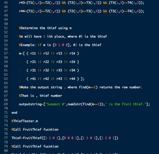 45 47 50 %Determine the thief using m 51 52 Km will have 1 ith place, where #1 is the thief 53 54 %Example: if m is [0 1 0 0]