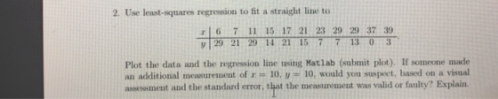 2. Use least-squares regression to fit a straight line to r 6 7 11 15 17 21 23 29 29 37 39 29 21 29 14 21 157 13 03 Plot the