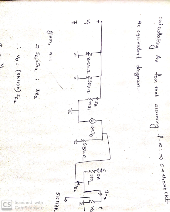 S NH CS Scanned with CamScanber ; C shoat ckt ing suming Av that Ac equivalint diagram- YOA Z68Kn 5K 13K aiven, 1/En (5k13) V