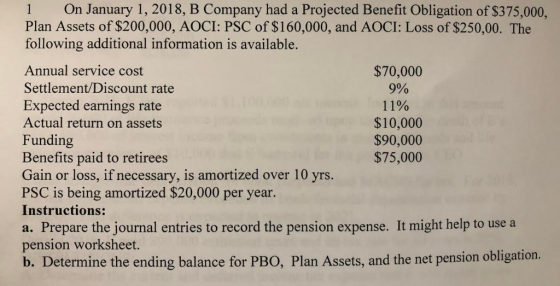 1 On January 1, 2018, B Company had a Projected Benefit Obligation of $375,000, Plan Assets of $200,000, AOCI: PSC of $160,00