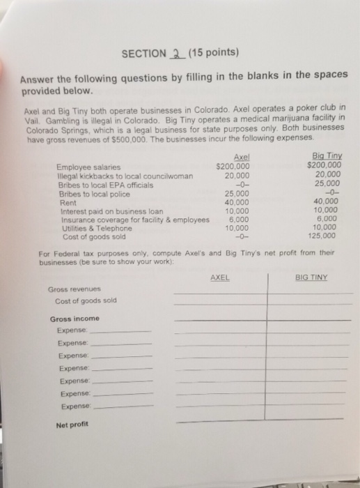 SECTION 2 (15 points) Answer the following questions by filling in the blanks in the spaces provided below. Axel and Big Tiny