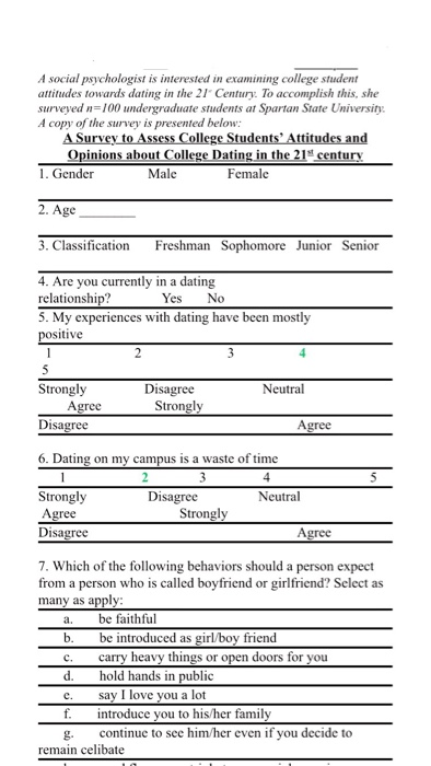 A social psychologist is interested in examining college student attitudes towards dating in the 21 Century. To accomplish th