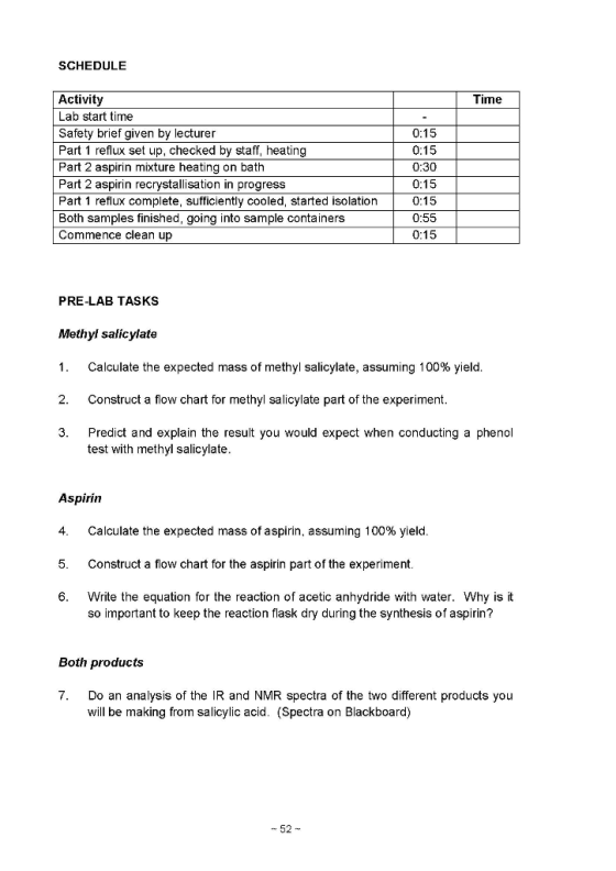 SCHEDULE Activity Lab start time Safety brief given by lecturer Part 1 reflux set up, checked by staff, heating Part 2 aspiri