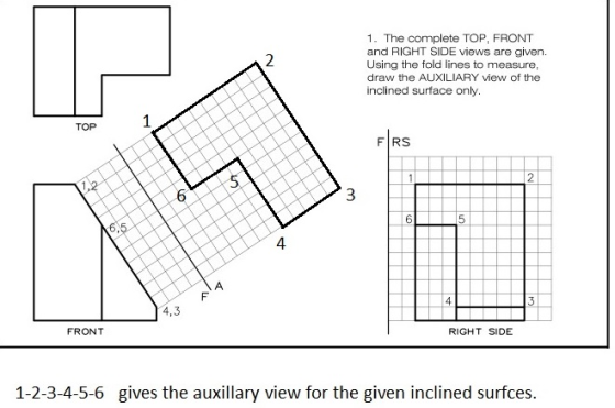 1. The complete TOP, FRONT and RIGHT SIDE views are given. Using the fold lines to measure, draw the AUXILIARY view of the 2